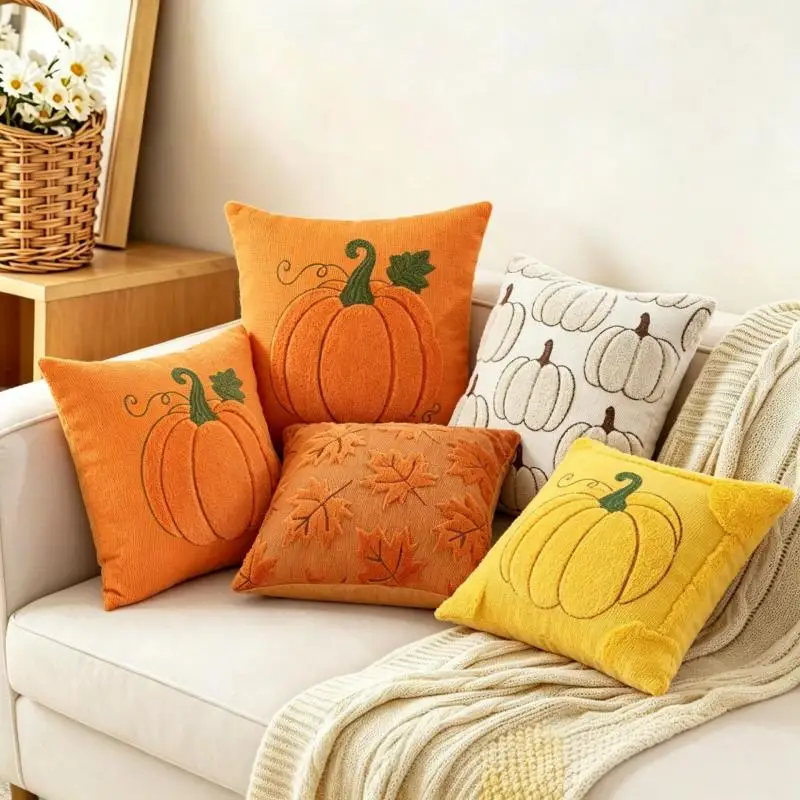Thanksgiving-Kürbis-Herbst-Kissenbezug, Cojines, beige-orange, dekorativer Sofa-Plüsch-Kissenbezug, Kopfteil-Kissenbezüge – Detail 4