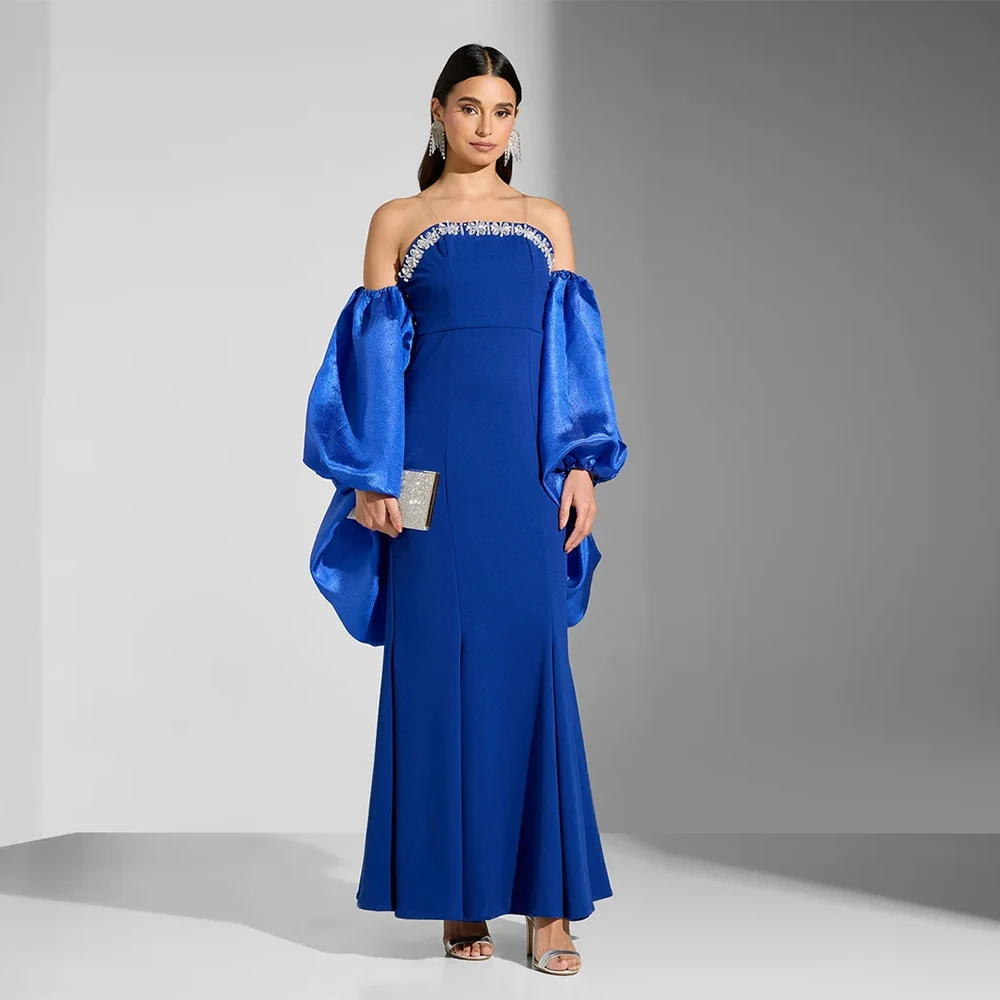 

Королевское синее вечернее платье, платье русалки для выпускного вечера, длиной до щиколотки, вечернее платье без рукавов, расшитое бисером, Саудовское платье с шалью
