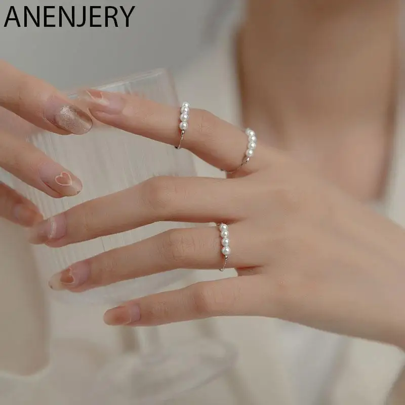 ANENJERY Delicate Pearl Open Finger Rings for Women Adjustable Korean Jewelry Wholesale New