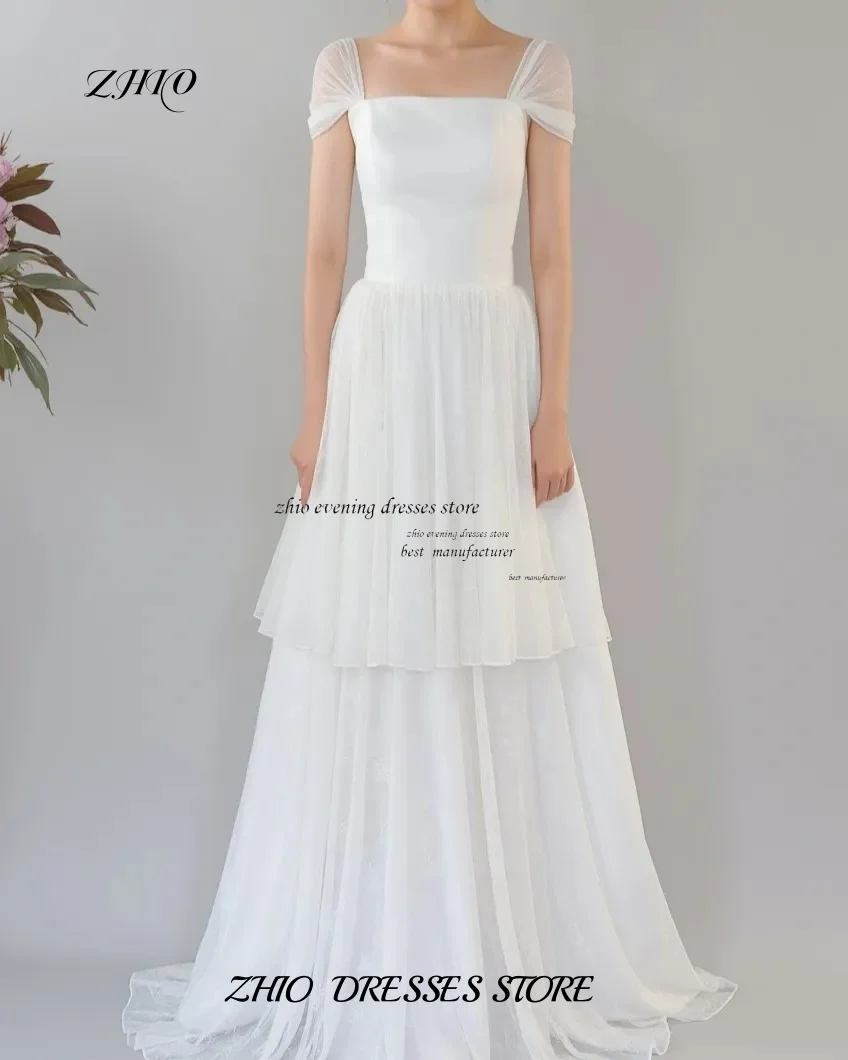 ZHIO Maßgeschneiderte elegante Chiffon koreanische Hochzeit Kurzarm Square Neck Brautkleider Korsett Hochzeit Fotoshooting Kleider