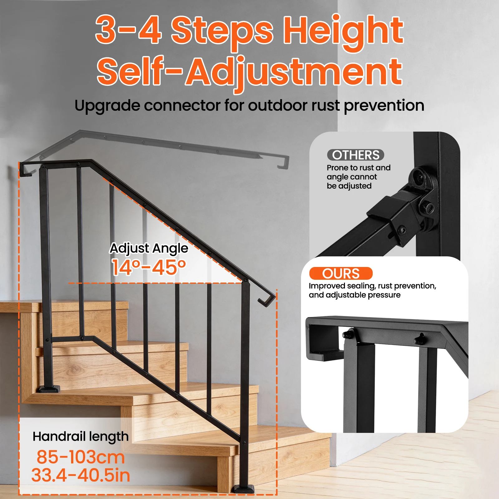 Heavy Duty Carbon Steel Outdoor Handrail Adjustable for 3-4 Steps, 2-Pack Stair Railing with Curved Ends and Safety Balusters, Non-Slip Step Grab Bar for Elderly Seniors Children, Durable Exterior Porch Railing for Concrete Wood Steps