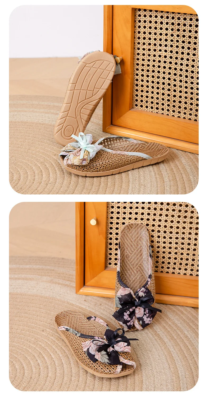 Rattan-Hausschuhe mit Fliege – niedliche Hausschuhe im koreanischen Stil, rutschfeste, atmungsaktive Innensandalen mit weicher Sohle für den Sommer – Detail 15