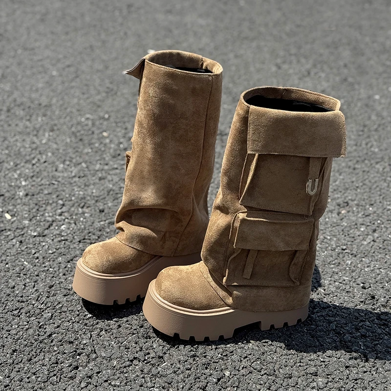 شتاء جديد 2025 خريف موضة الأحذية منصة متعددة الاستخدامات زيادة خمر بنطلون كعب أحذية النساء