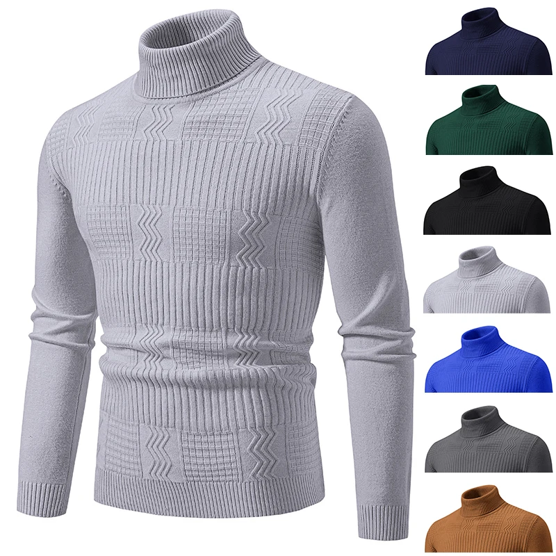 

Autumn New Arrival Men's Sweater Winter Geometric Jacquard Solid Color Knitted Casual Turtleneck Slim Fit Warm Pullover Sweaters