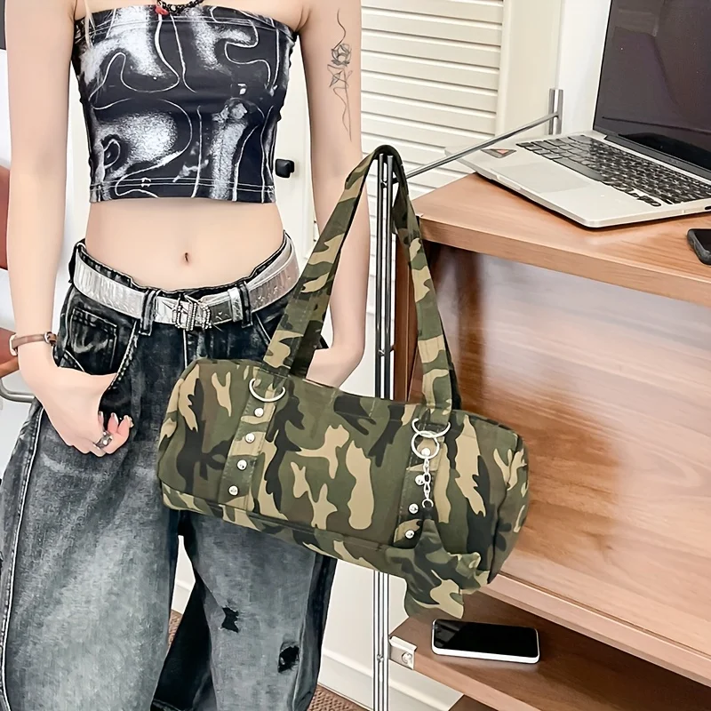 

Large Capacity Y2K Camouflage Handbag, Zipper Closure, Ladies Leopard Textured Canvas Backpack, College Wind Commute Bags
