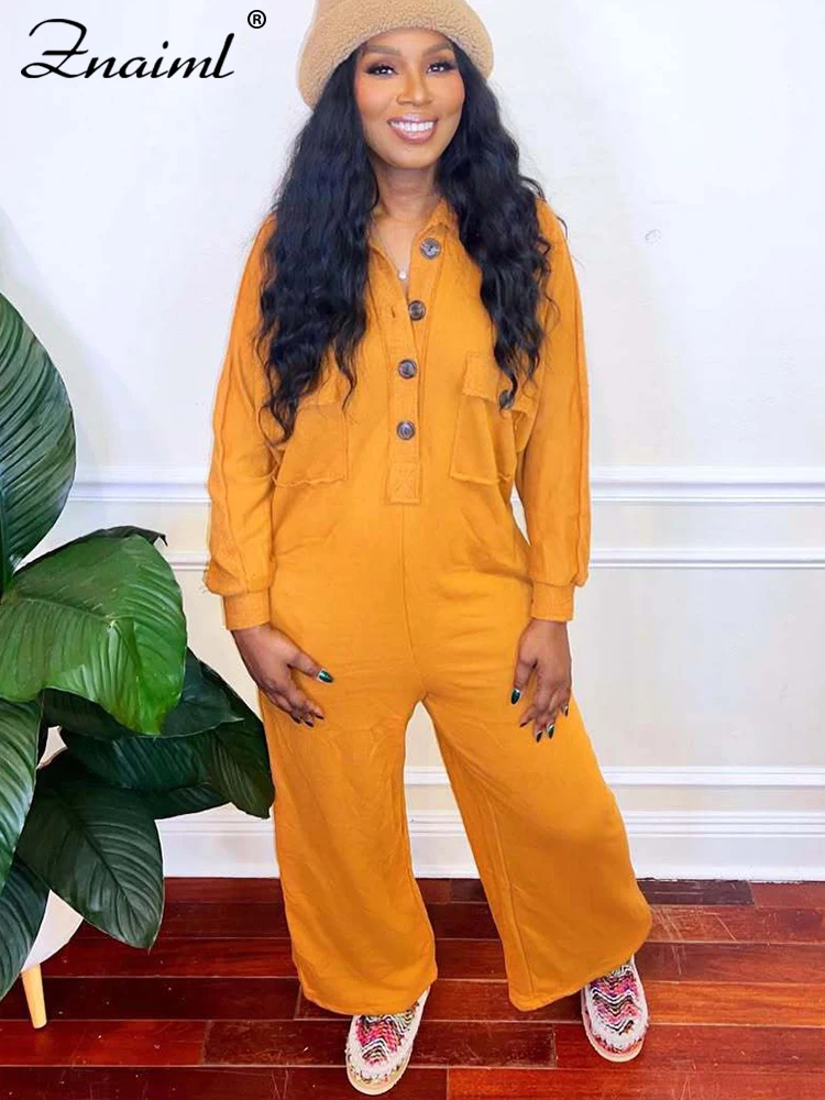 Znaiml Women's Long Sleeve Pocket Jumpsuit Casual Loose Wide Leg Pants Orange Shirt Rompers One Piece Autumn Streetwear Outfit