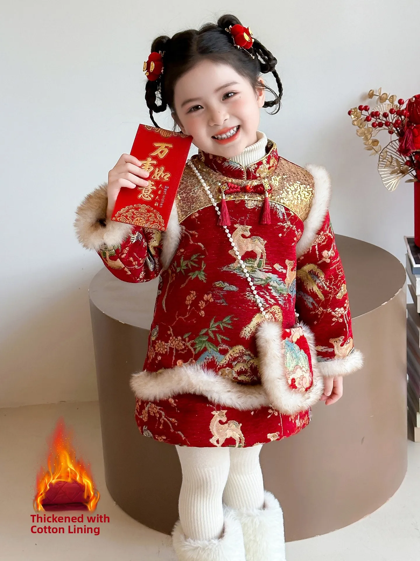 

Красное китайское платье Ханьфу для девочек, новогодний наряд, зимняя одежда, праздничное платье для малышек на день рождения