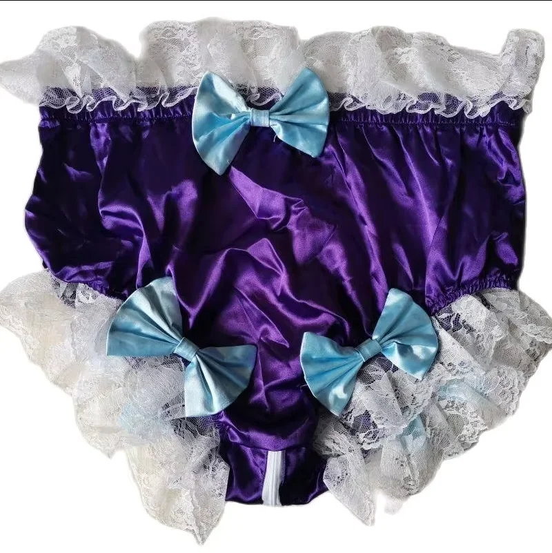 French Sexy Adult Customized Fetishist Crossdressing Sissy Purple Satin White Lace Panel Zipper Opening Bow Embellishment Shorts