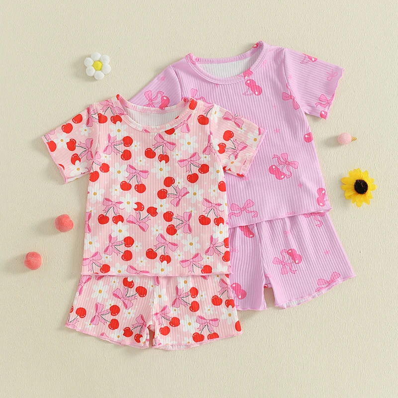 2Pcs Baby Girl Summer Outfits Short Sleeve Bow Cherry Print Tops + Shorts Set Toddler Kids Girls Fashion Clothes