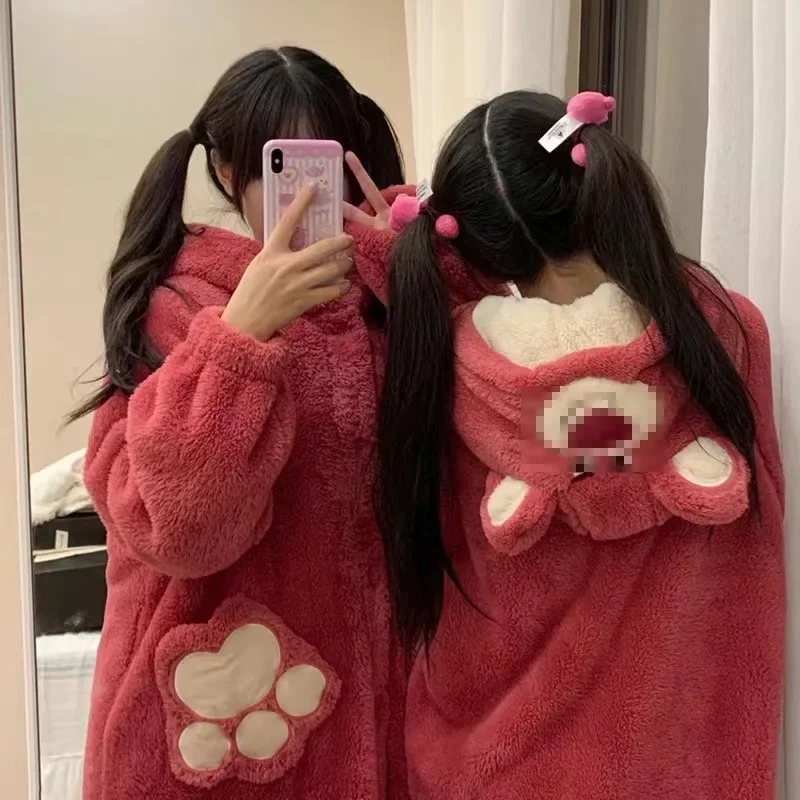 2024 Autumn/Winter New Cute Strawberry Bear Robe Women\'s Thick and Long Warm Coral Velvet Pajama Sleeping Skirt