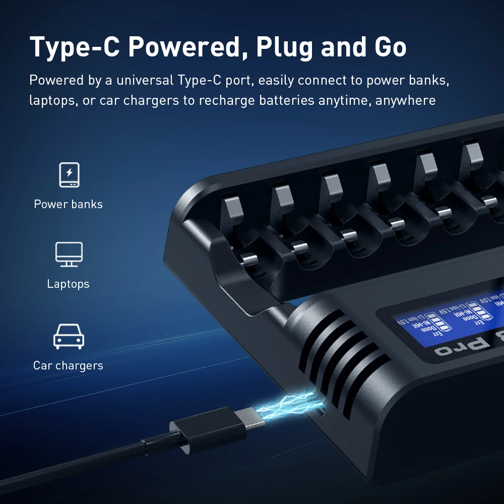 Ładowarka XTAR L8 Pro do akumulatorów AA/AAA, 8-gniazdowa inteligentna ładowarka Ni-MH i 1.5V Li-ion, podwójna naprawa, aktywacja 0V, USB-C, bezpieczna i wydajna. — zdjęcie produktu 5