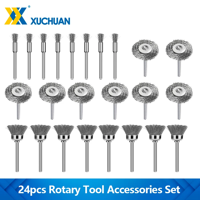

24 шт., набор щеток со стальной проволокой, 3 мм, полировальная щетка с хвостовиком для вращающегося инструмента Dremel, набор кистей для удаления ржавчины с металла