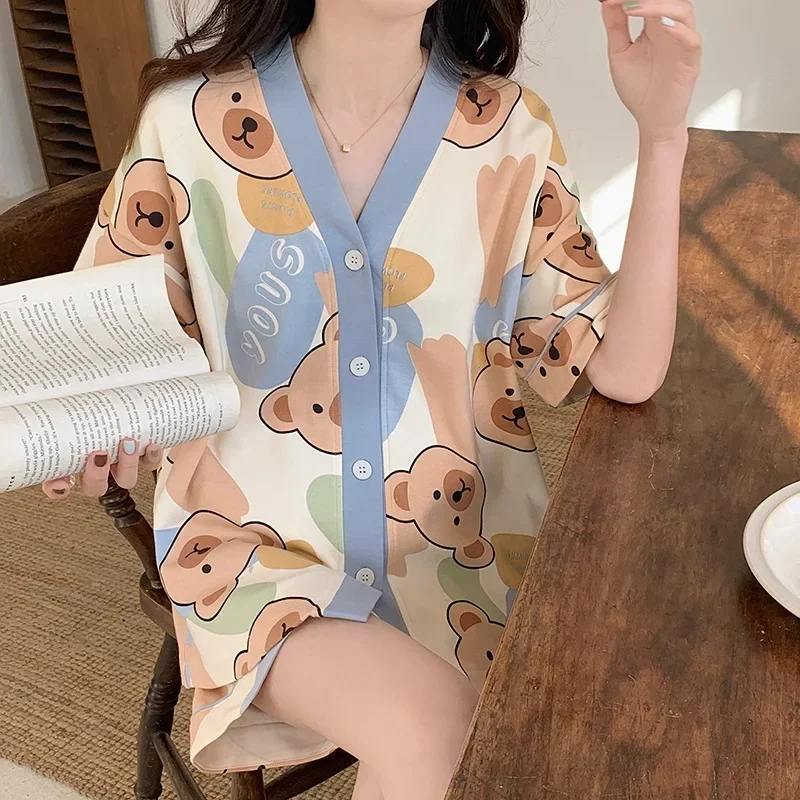 Korean Pajamas Set for Women Summer Loungewear Sleepwear Girls Sweet Lapel Pyjama Kawaii Bear Printed Pijamas Japanese Home Suit