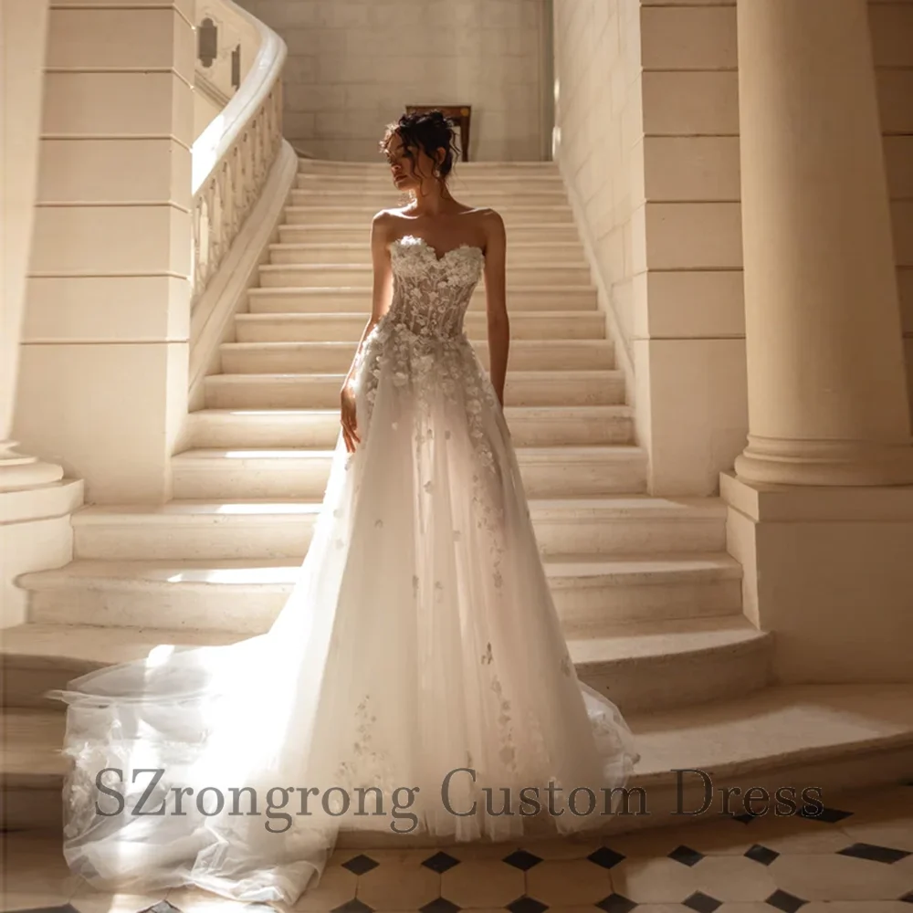 

Graceful Sweetheart Collar Tulle Lace Boho Wedding Dress Appliques Backless Pleated Bridal Dress with Sweep Train Custom Made