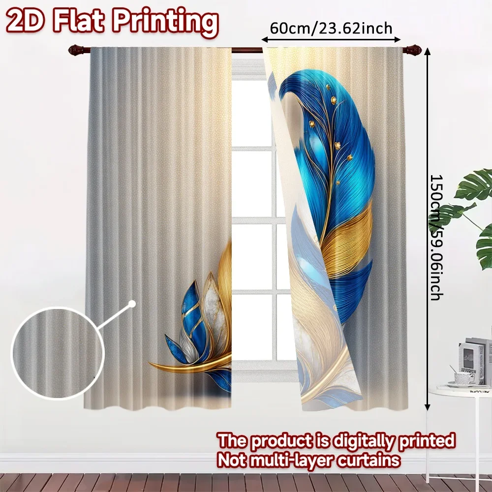 2D flat printing 2pcs Curtain Gold-Blue Feather Digital Printed Polyester Drapes Family Party Use for Holiday Celebrations for