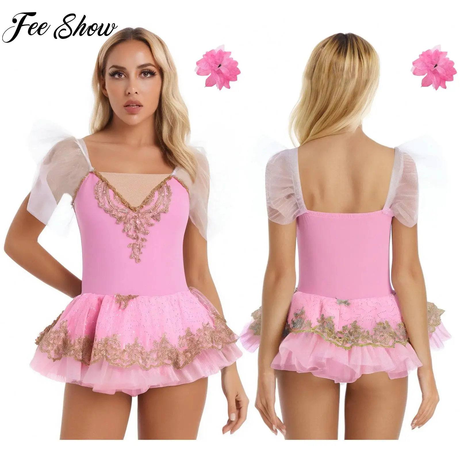 

Ballet Swan Lake Tutu Dress with Flower Hair Clip Womens Ballet Gymnastics Exercise Outfit Figure Skating Performance Costume