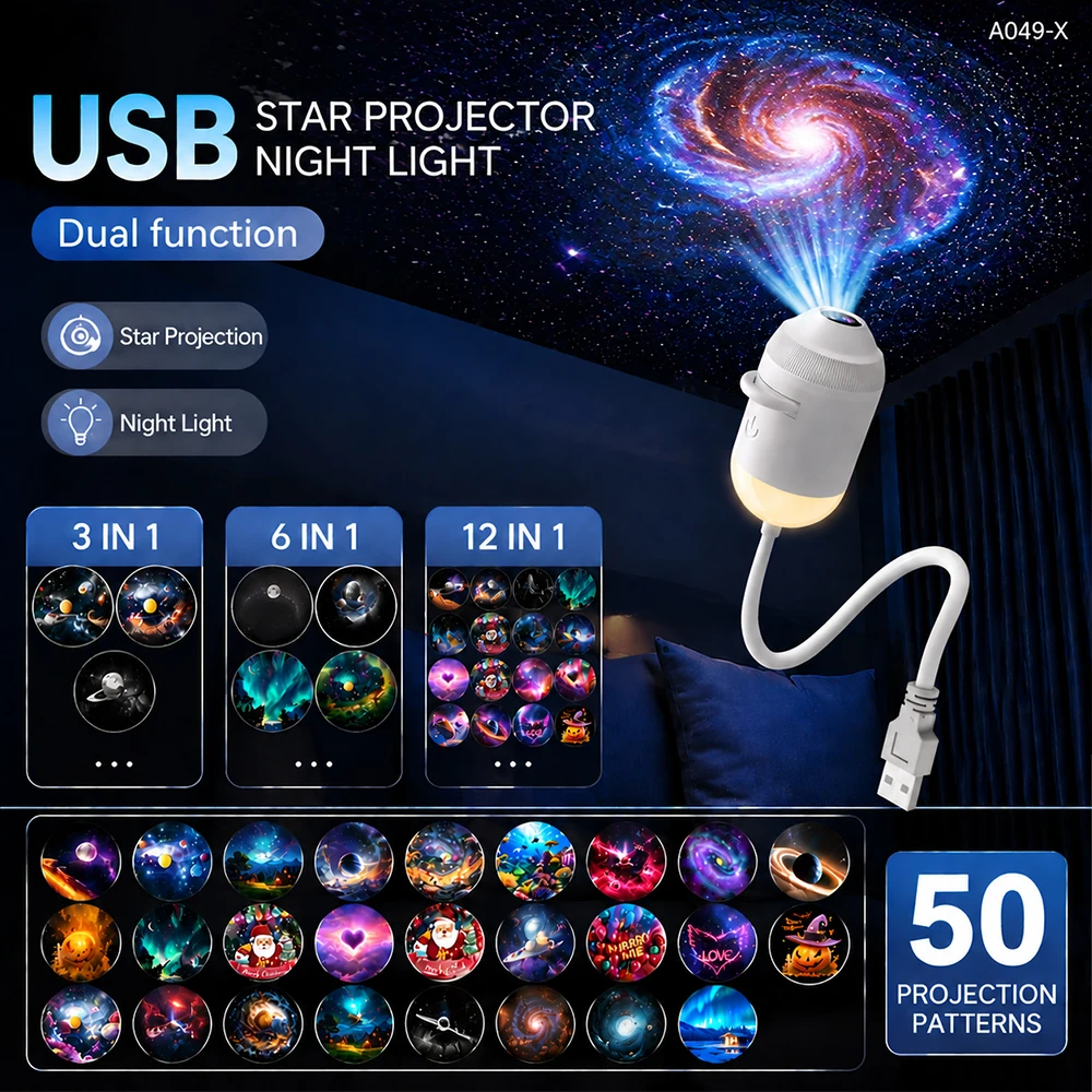 Ambient Lighting Decor For Room - โปรเจคเตอร์แสงดาว USB สำหรับตกแต่งภายในรถยนต์ แสงบรรยากาศบนเพดานห้อง ปรับมุมได้ พกพาสะดวก