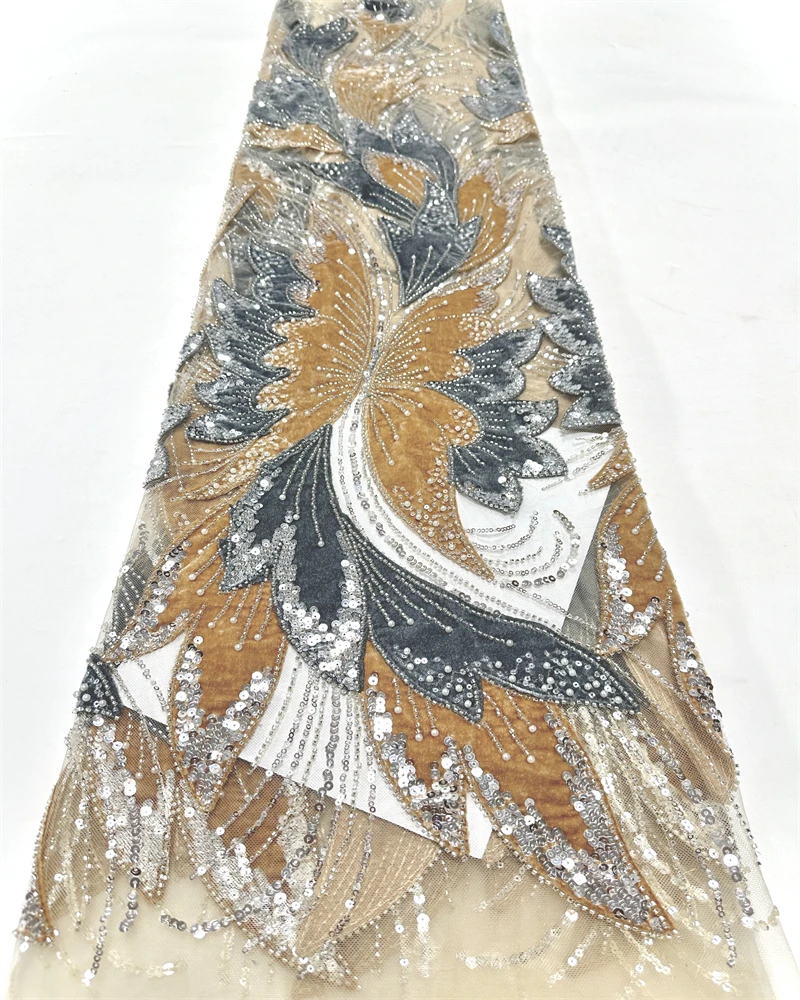 Tessuto di pizzo con perline africane di lusso in maglia di velluto francese con paillettes ricamate per abiti da sera da festa Nuovo design