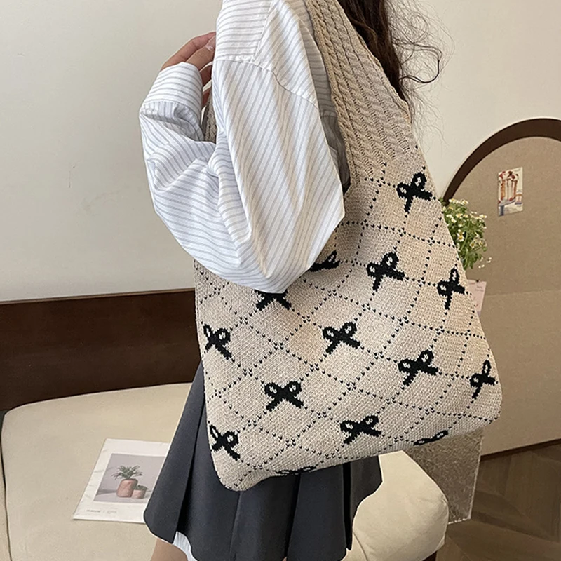 Women Crochet Tote Bag Large Capacity Bow Pattern Knitted Shopping Bag Designer Beach Bag Shoulder Bag for Traveling Handbag