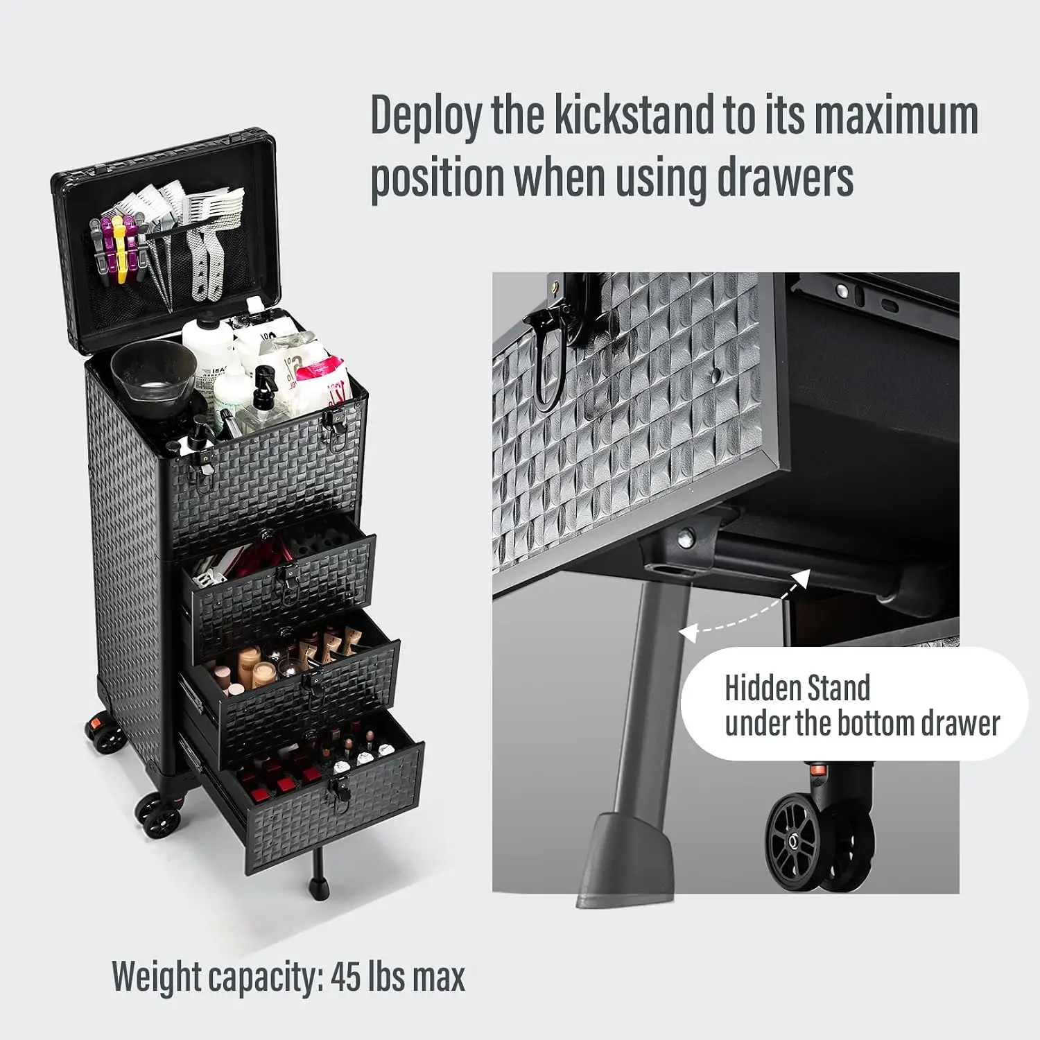 Rolling Salon Cart with 3 Drawers, Wheeled Nail Trolley & Makeup Train Case Organizer for Nail Technicians, SPA, Face Painting, Hairstylists and Makeup Artists view 5