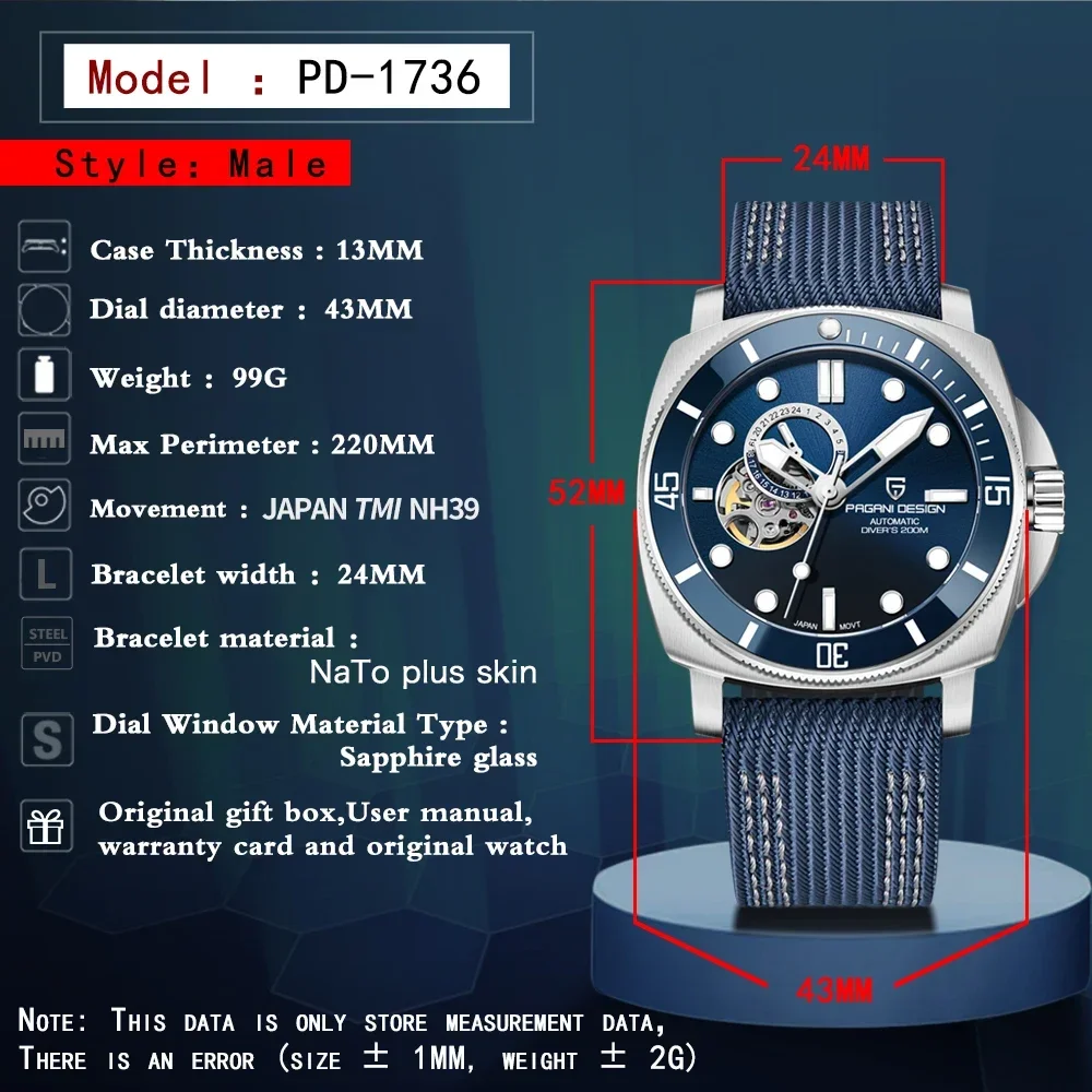 PAGANI DESIGN Men\'s Automatic Watch Japan TMI NH39 Tourbillon Skeleton Sapphire Crystal Mechanical Wrist Watch 200M Waterproof