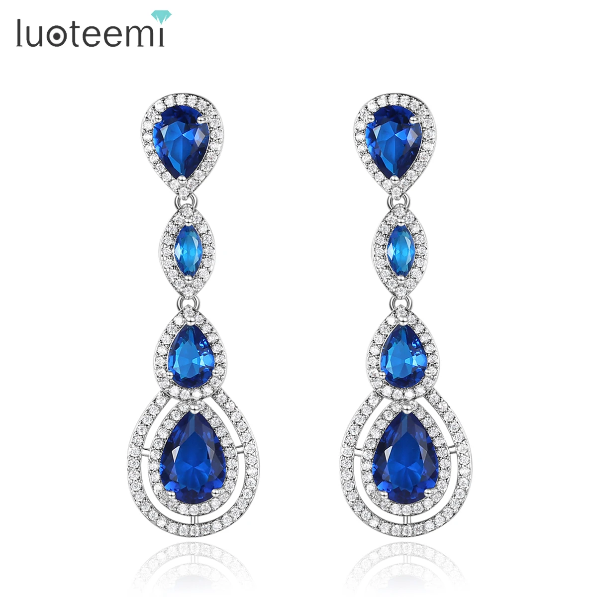 

LUOTEEMI Long Waterdrop Pendant Skyblue CZ Earring Clear Blue Cubic Zircon Engagement Wedding Crystal Earrings Christmas Gifts