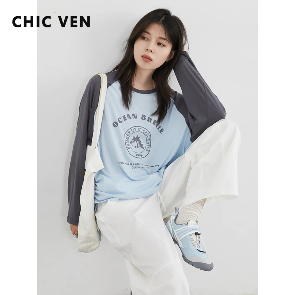 

CHIC VEN Fashion Women T-Shirts Loose Casual O Neck Letter Print Contrast Woman Long Sleeved Tees Girl Tops Spring Autumn 2025