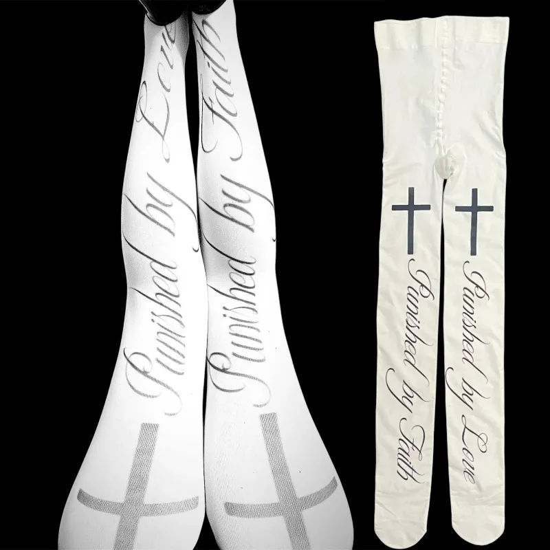 

Gothic Cross Letter Print Long Socks Harajuku Over Knee Thigh High Stockings Cosplay Cute White Sock Kawaii 2000s Y2K Emo Girl