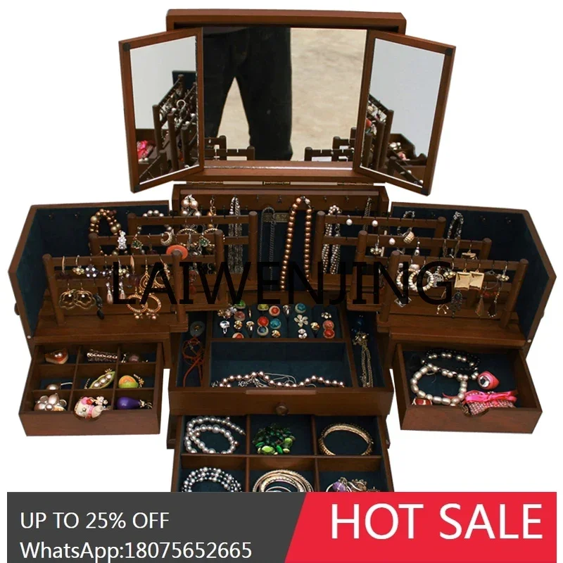 Creative Layered Retro Jewelry Box Solid Wood European Princess Ornament Ring Earring Storage Box Large