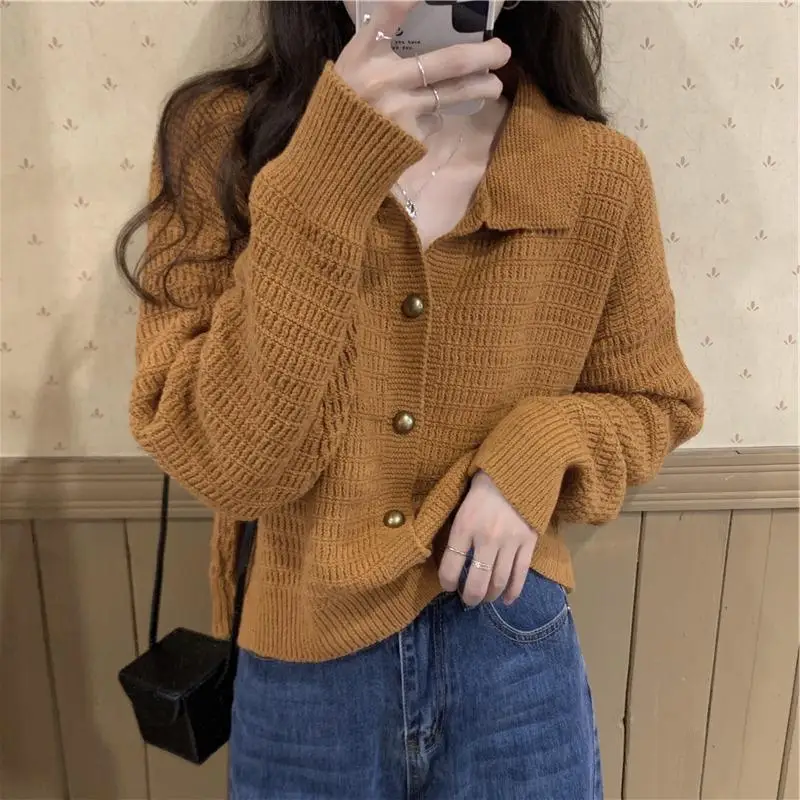 

Autumn Winter Polo-Neck Sweaters Vintage Solid Color Women's Clothing Single-breasted Basic Casual Long Sleeve Knitted Cardigan