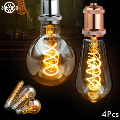 4Pcs Retro Dimmable LED Edison Bulb E27 E14 Gold Spiral Filament 4W Ampoule LED Lamp Incandescent Chandelier Decorative Lighting