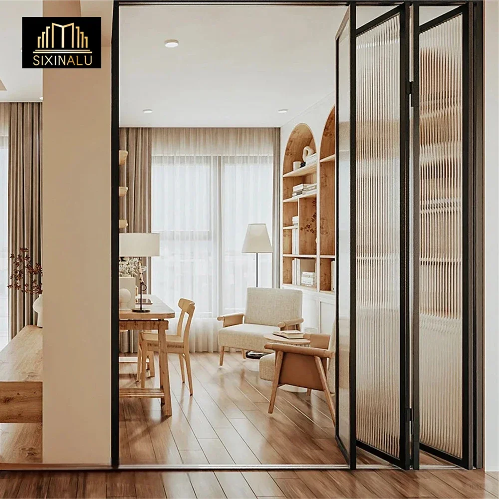 Sixinalu Slim Folding Accordion Door Sliding Aluminum Front Double Glass Doors 1.8mm 52mm Interior Kitchen Custom Home Decor