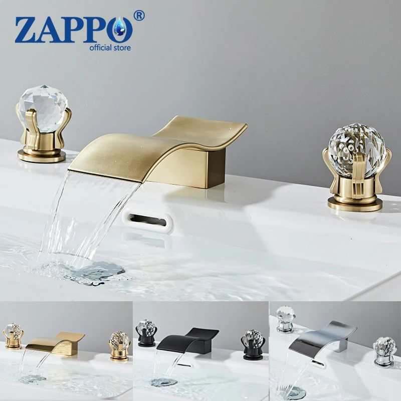 

ZAPPO Brushed Gold Bathroom Faucet with 2 Crystal Knob Handle Widespread Waterfall Faucet Mixer Tap for Bathroom Sink or Bathtub