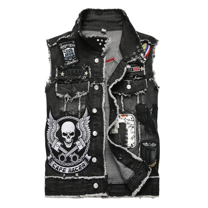 

Men's Hi Street Biker Denim Vests With Rivet Skull Patches Fashion Punk Style Jean Waistcoat Personality Sleeveless Jacket