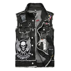 Gilet in Denim da uomo Hi Street Biker con rivetti Skull patch Fashion Punk Style Jean gilet giacca senza maniche di personalità