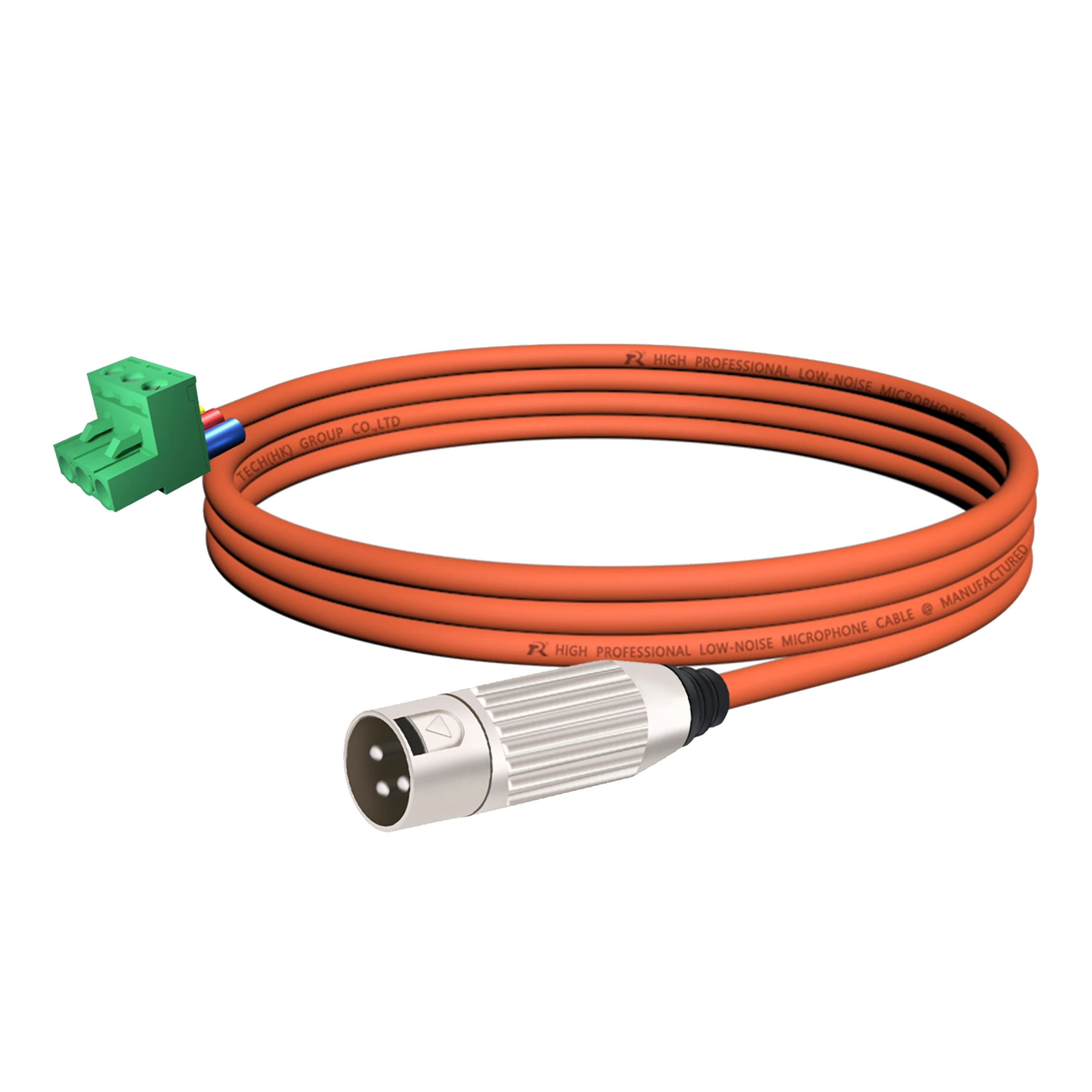 3-poliger Phoenix-Stecker, verbunden mit einem versilberten XLR 3-poligen Stecker, farbcodiertes Kabel, geeignet für professionelle Audiogeräte. – Detail 7