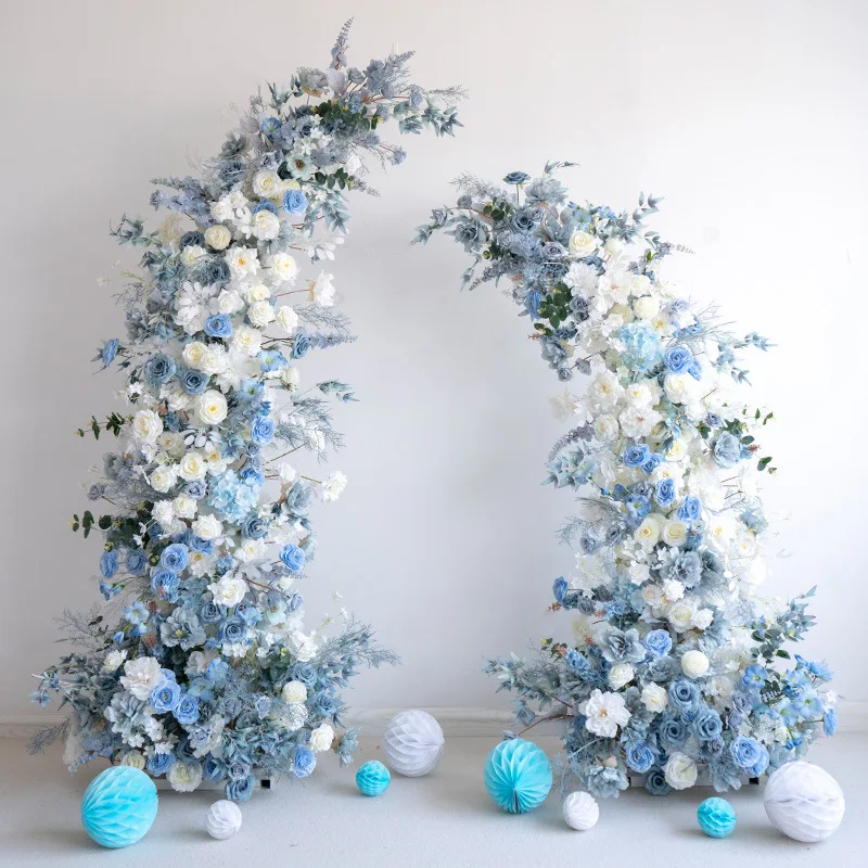 

Uflower 5D Blue Rose And Hyacinth Horn Arch Wedding Backdrop with Fog Grass Artificial Floral Arrangement on KT Board for Events