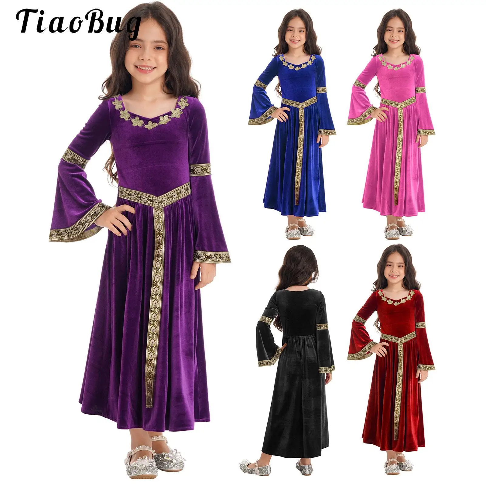 

Medieval Renaissance Girls Dress Kid Historical Princess Queen Velvet Dress Halloween Party Fancy Robe Victorian Maxi Dress
