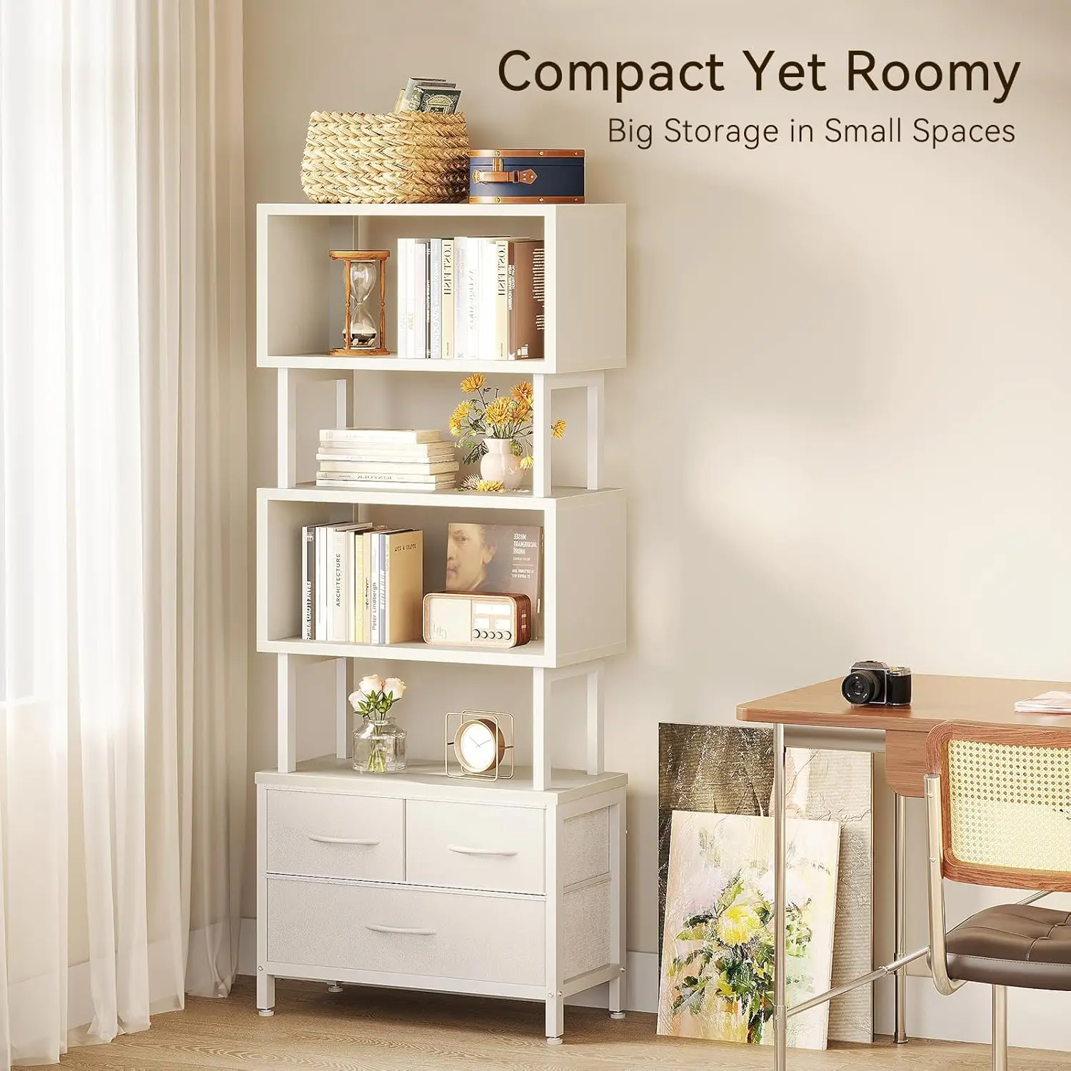 

7-Tier Tall Geometric Bookcase, Wooden Bookshelf with Fabric Drawers, Modern Standing Display Shelf for Bedroom Living