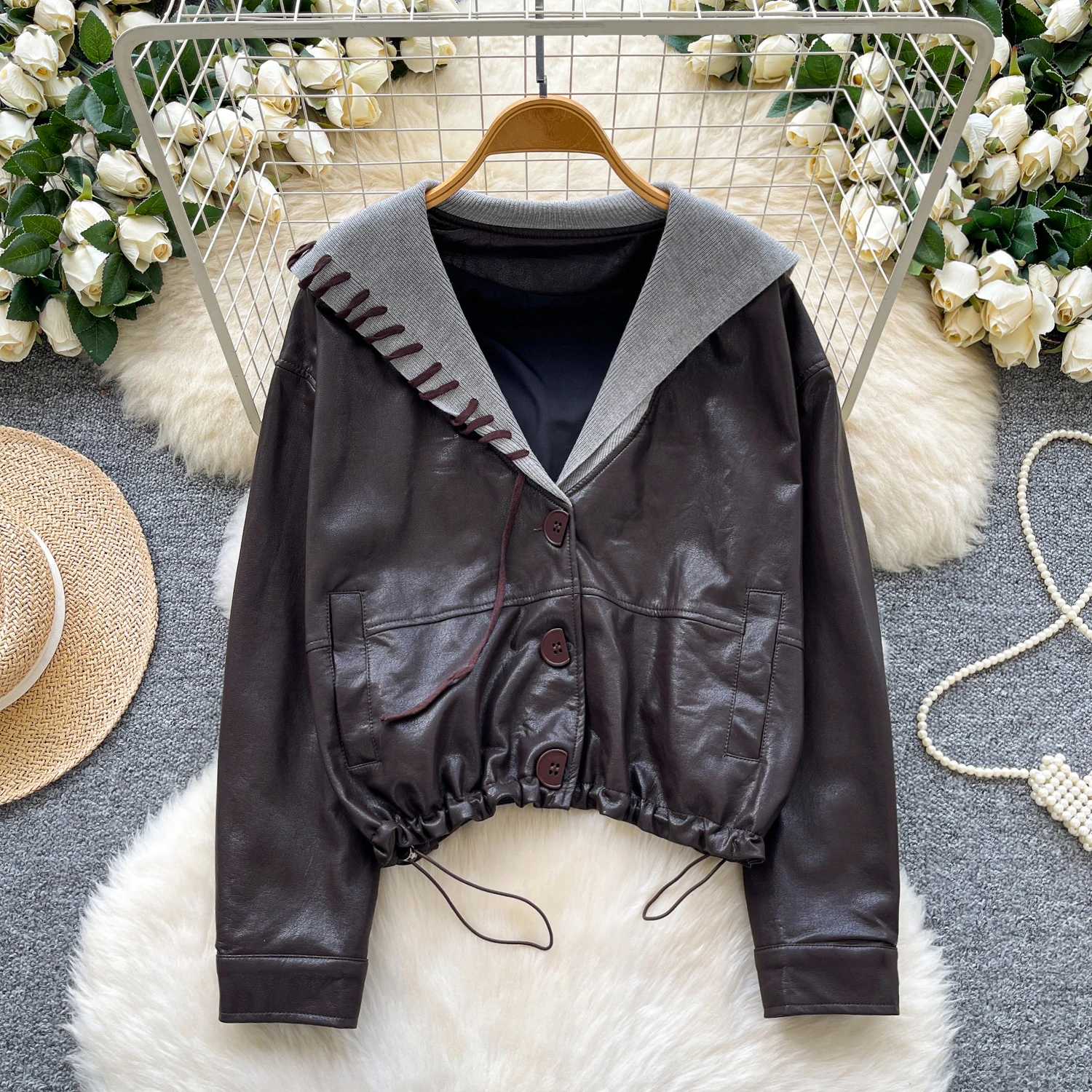 

American Retro Pu Leather Jacket Women 's Navy Collar Outerwear Tops Fashion Autumn Winter Loose Casual Drawstring Short Coat