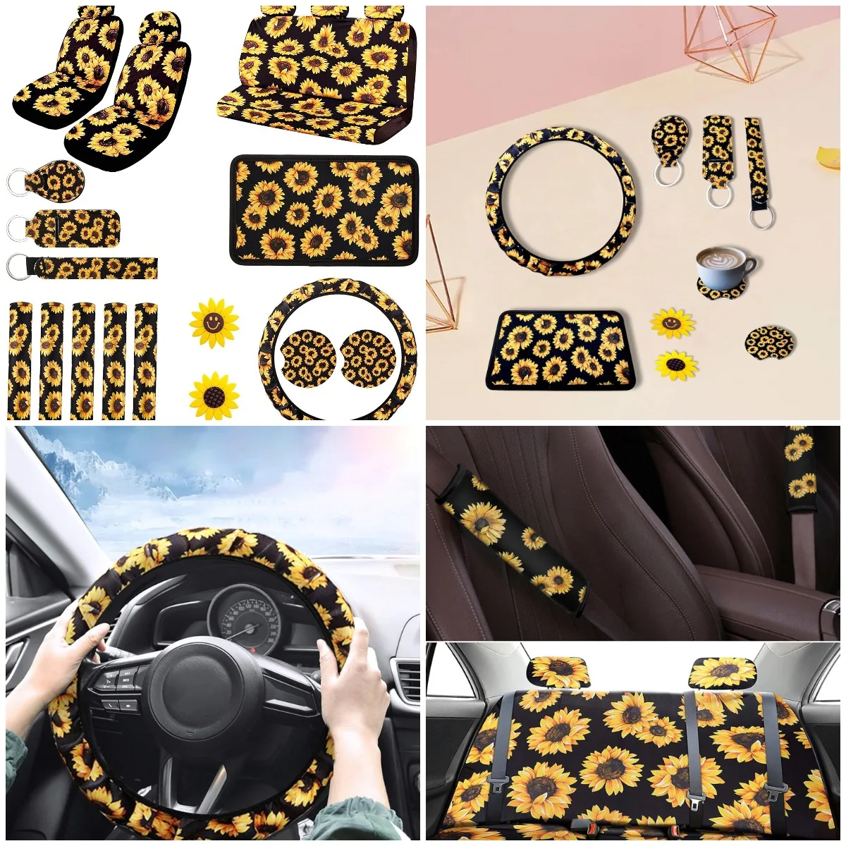 

Sunflower Car Accessories Set 23pcs Steering Wheel & Seat Covers, Cup Holder, Keychain, Vent Decor