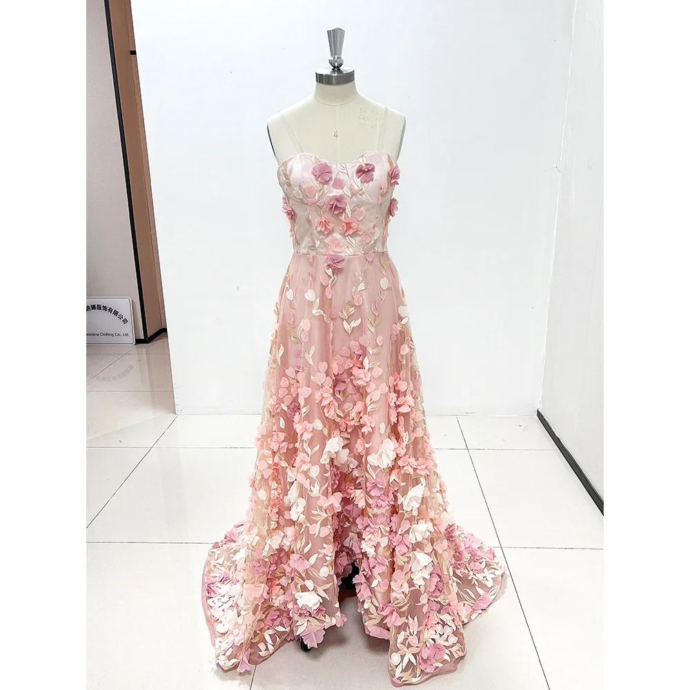 Exquisite Appliques Pink Evening Dresses Formal Occasion Sleeveless High/Low Gowns Draped Sweep Train Prom Dress foe Women