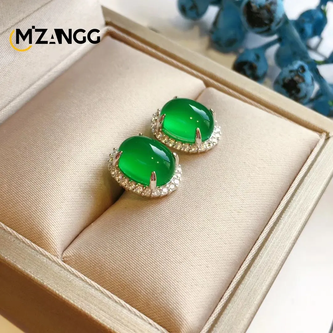 S925 Silver Inlaid Chalcedony Time Shang Ice Kind White Green Chalcedony Earrings Luxury Earrings Pendant Ring Clip Ladies Gift