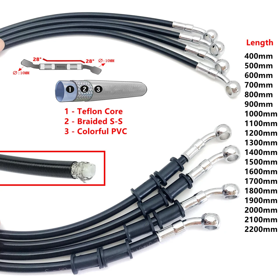 28 stopni Czarny 400 do 2200 mm Hydrauliczny wąż hamulcowy DOT Przewód olejowy Pleciony kabel 10 mm Banjo Do Kawasaki Yamaha Honda ATV
