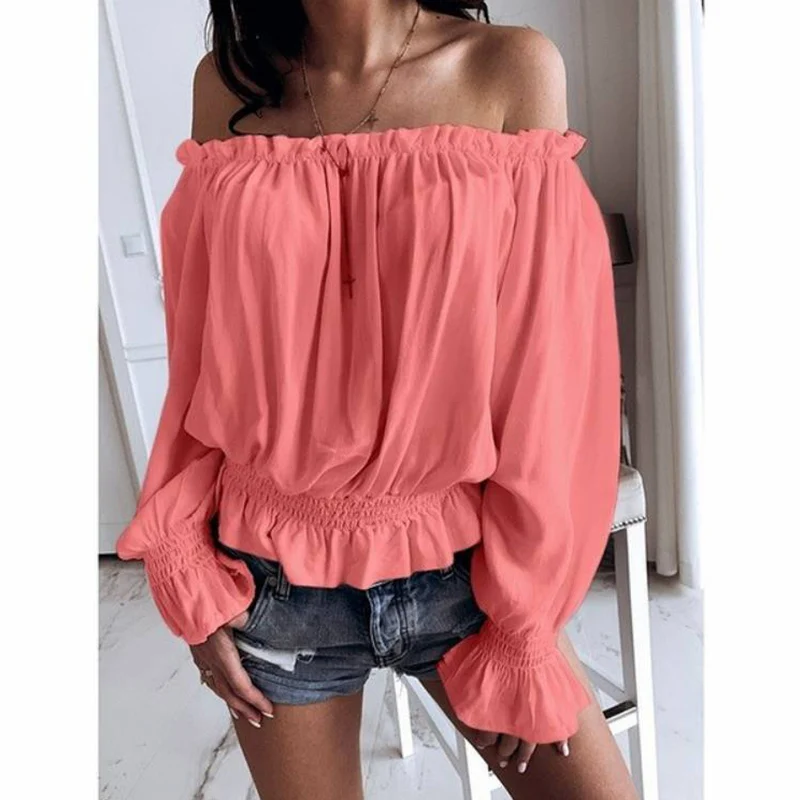 

Женская модная облегающая рубашка с открытыми плечами, однотонная утягивающая сексуальная рубашка с рукавами-фонариками, топ, повседневные удобные блузки