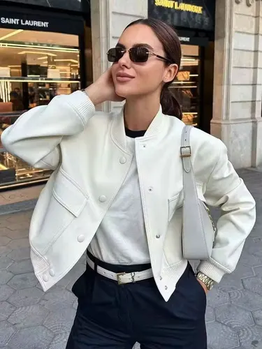 Imagen 2 del producto Chaqueta Bomber con bolsillos para mujer, abrigos Vintage de manga larga con botones frontales, prendas de vestir exteriores informales para mujer, Tops elegantes