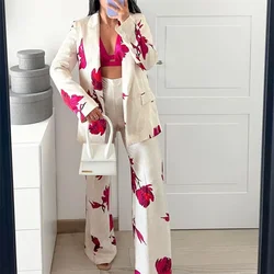 European And American Style 2024 Women's New Fashion Temperament Long Sleeved Satin Printed Shirt High Waisted Long Pants Set