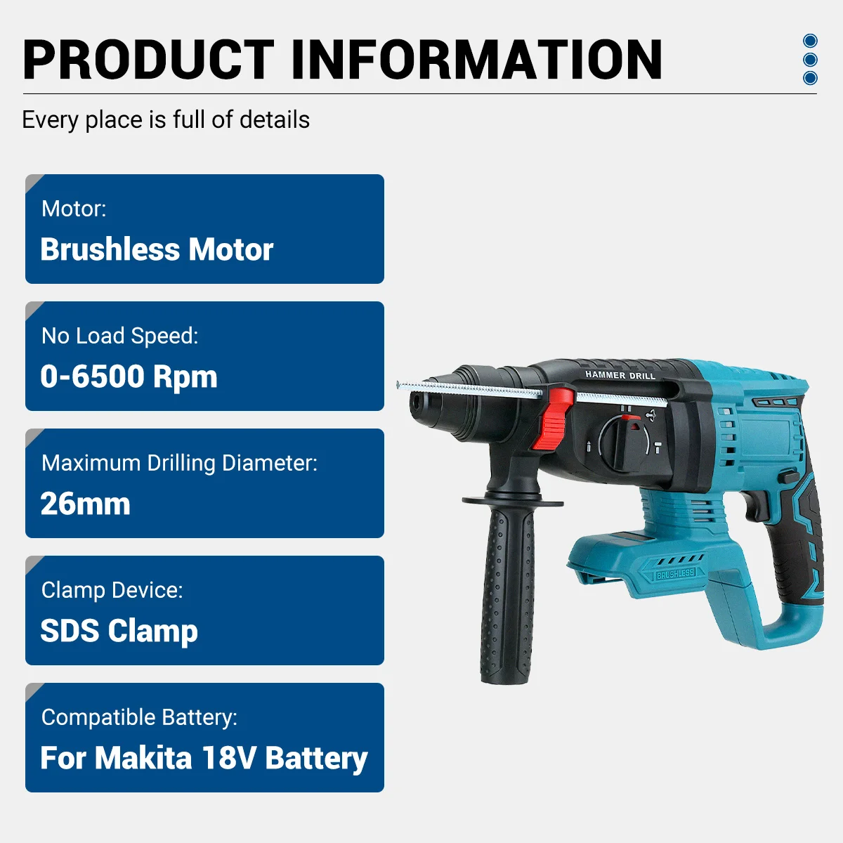 Drillpro SDS مثقاب طرق كهربائي بدون فرشاة 2.2J قوة التأثير 6500 دورة في الدقيقة 26 مللي متر مطرقة دورانية لاسلكية لبطارية ماكيتا 18 فولت