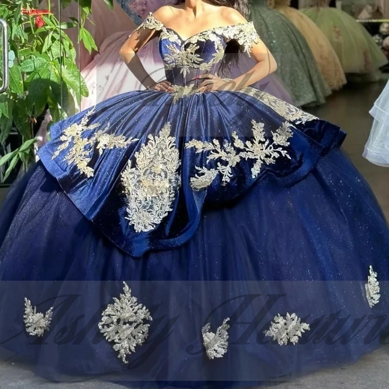 Vestidos de quinceañera azul marino mexicano personalizados, apliques de encaje, vestido de baile hasta el suelo, vestido de fiesta de graduación y cumpleaños para mujer, 15 16 niñas