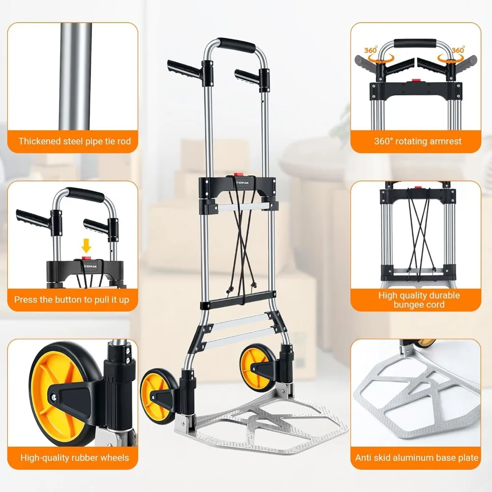 شاحنة يدوية قابلة للطي من الألومنيوم شديدة التحمل بسعة 380 رطل، عربة دوللي محمولة قابلة للطي على عجلات